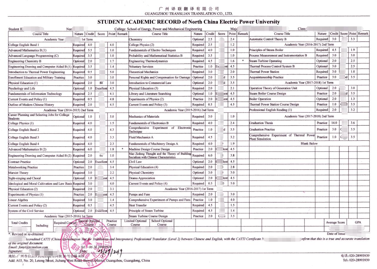 大學(xué)本科成績單翻譯圖片