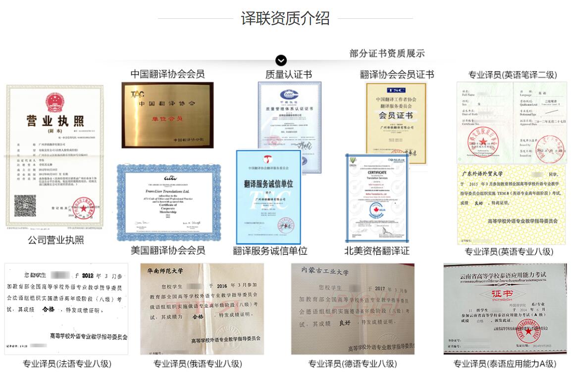 譯聯(lián)翻譯公司部分翻譯資質(zhì)圖片