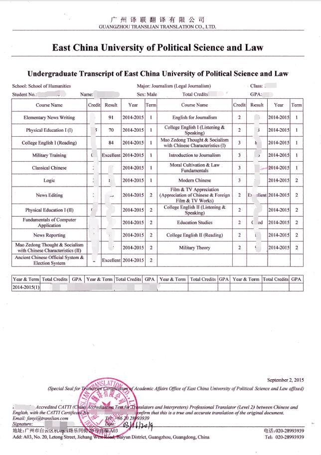 成績(jī)單英文翻譯圖片